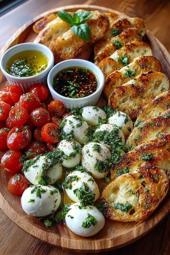 Rundes Holzbrett mit Bruschetta, Mozzarella-Kugeln in Kräuteröl, Kirschtomaten und zwei Schälchen Dip