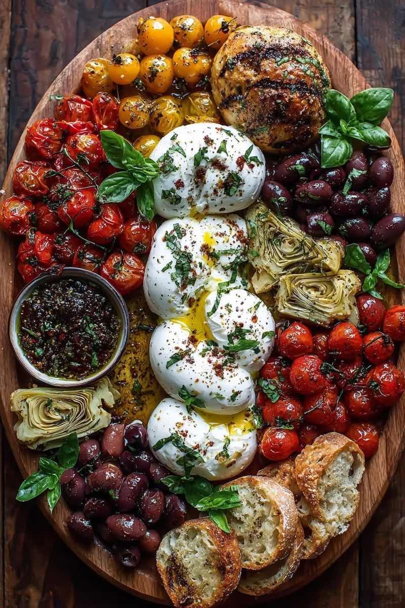 Holzplatte mit Burrata, geschmorten Kirschtomaten, Artischocken, Oliven und geröstetem Weißbrot