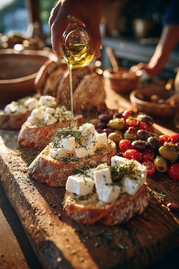 Olivenöl wird über geröstete Brotscheiben mit Feta und Kräutern gegossen, daneben Oliven und Kirschtomaten
