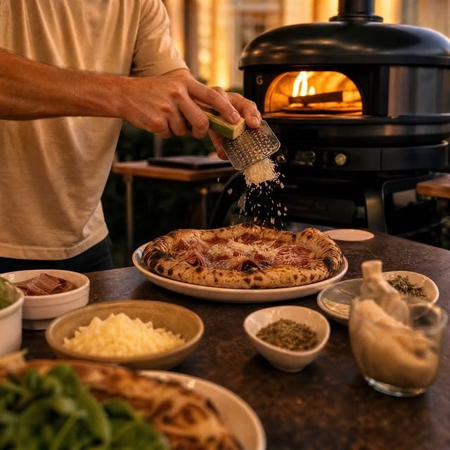 Käse wird über eine fertig gebackene Pizza gerieben, im Hintergrund der Ofen