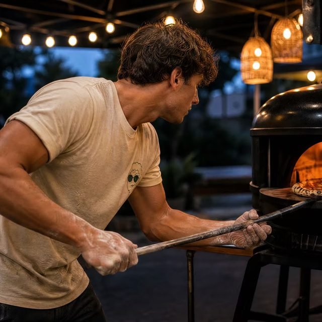 Pizzabäcker im Profil dreht mit der Schaufel eine Pizza im Ofen, im Hintergrund Lichterketten und Hängelampen