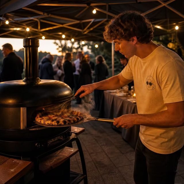 Pizzabäcker holt mit der Schaufel eine Pizza aus dem Ofen, dahinter Gäste im Dämmerlicht