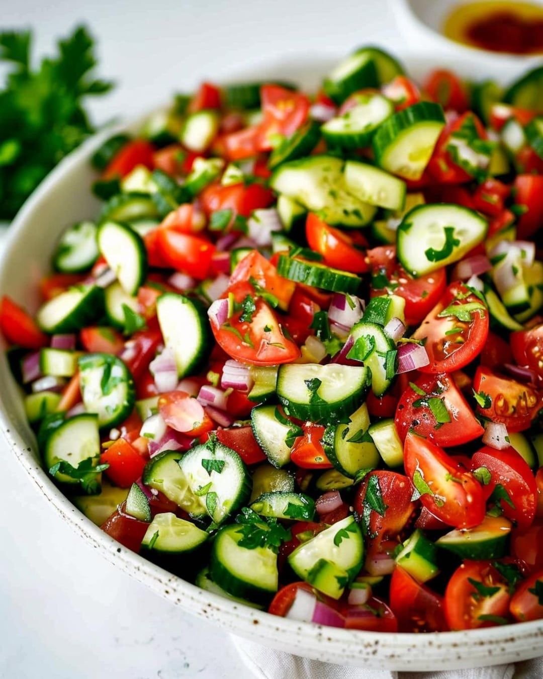 Weiße Schale mit Salat aus Tomatenspalten, Gurkenscheiben, roten Zwiebelwürfeln und frischer Petersilie