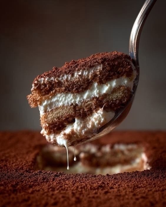 Löffel hebt ein Stück Tiramisu an, Kakaopulver bestäubt die Oberfläche