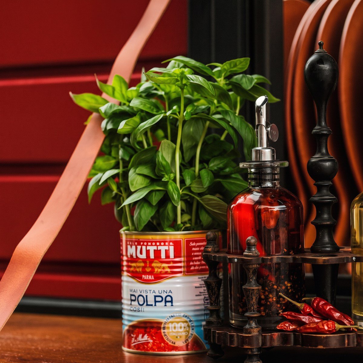Frisches Basilikum in einer Tomatendose neben Öl, Gewürzmühle und getrockneten Chilis.